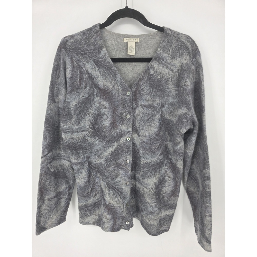 Deane & White Woman Gray Feather Print Cardigan Sweater Lambs wool angora 1X